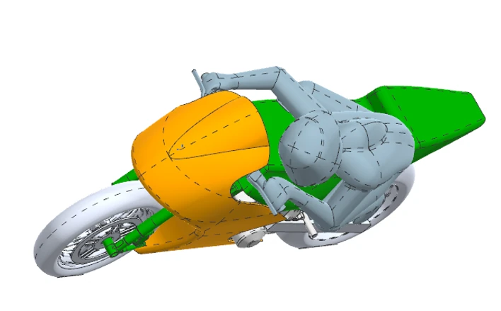50%-scale MotoGP wind tunnel model at lean angle.
