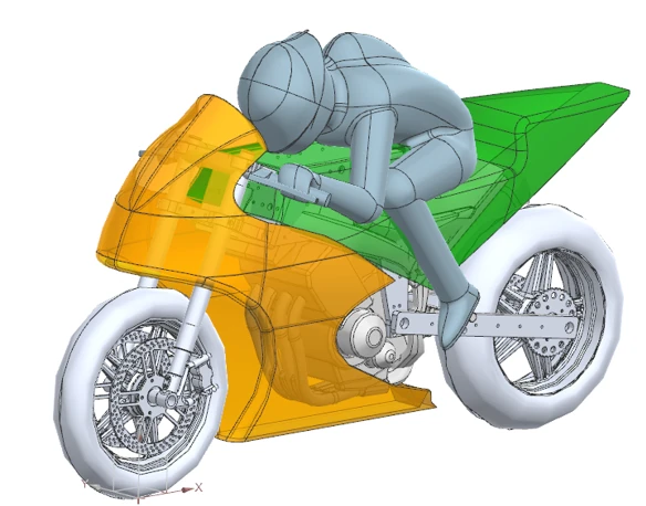 50%-scale MotoGP wind tunnel model with rider, in the straight, upright condition.